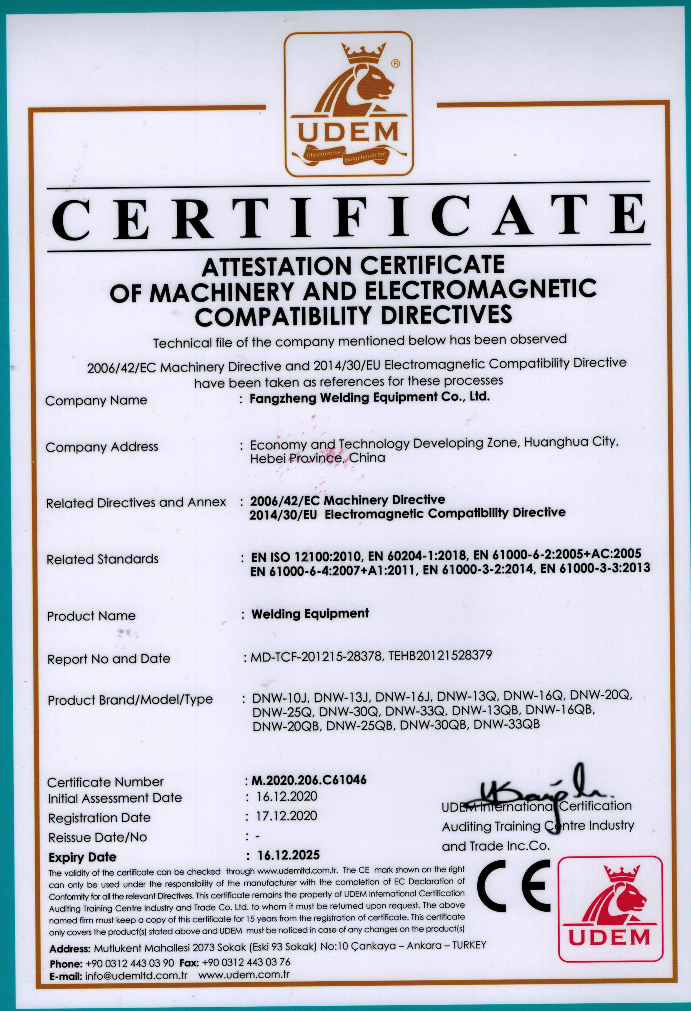 China Huanghua Fangzheng Welding Equipment CO., Ltd Certificações